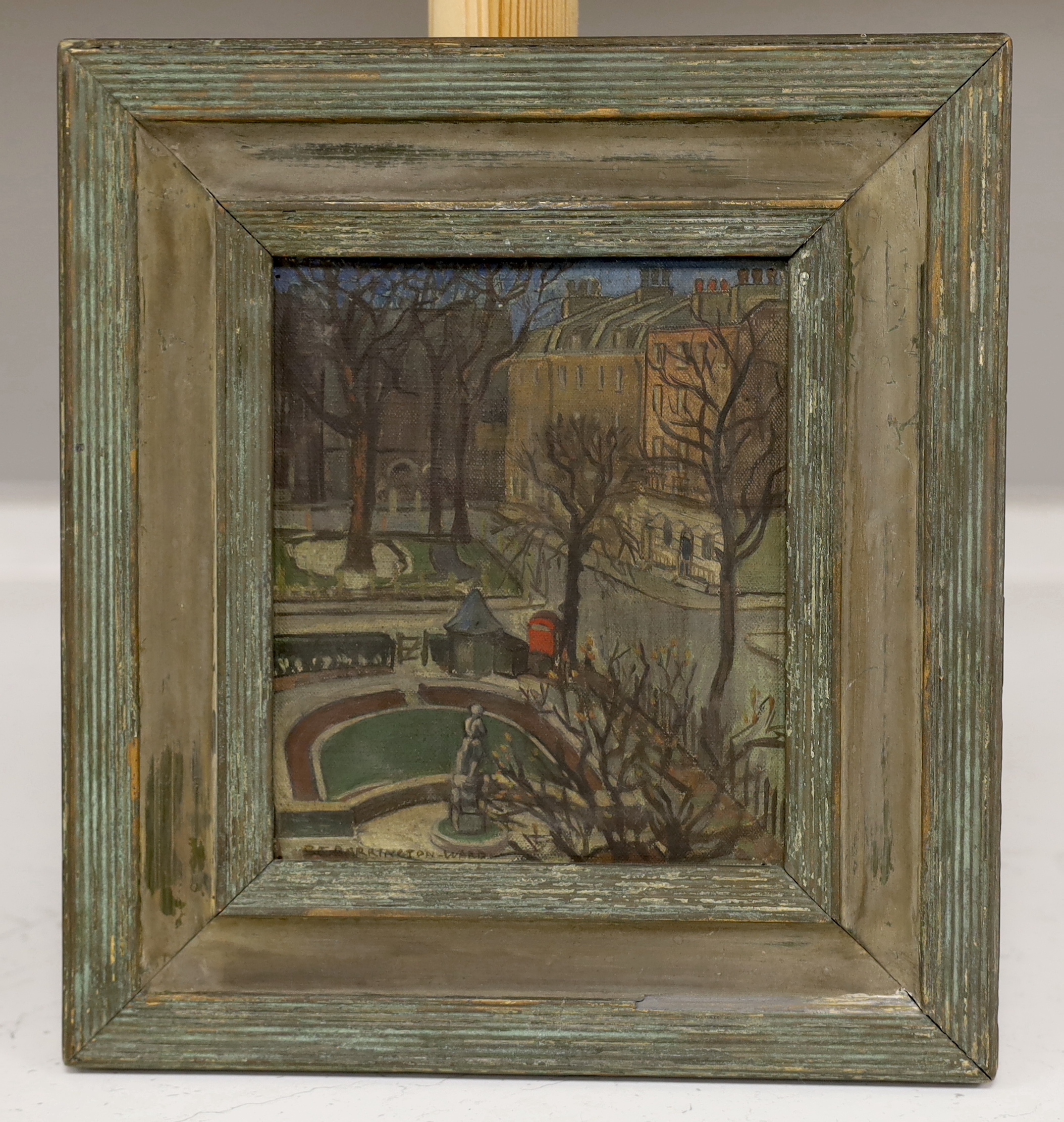S.E. Barrington-Ward, oil on canvas, Townscape view from an upper storey, signed, 16.5 x 14cm
